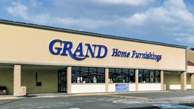 alt="Grand Home Furnishings store exterior with large sign and parking lot"